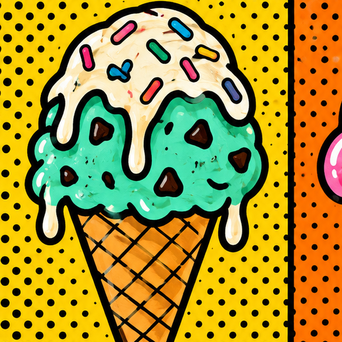 Pop Art Dondurma Külahları Poster – Renkli ve Neşeli Duvar Dekoru — baskının yakın çekimi, kâğıt dokusu ve renk detayı
