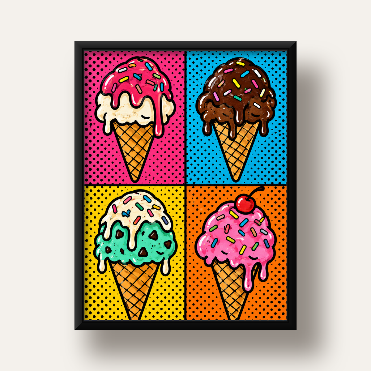 Pop Art Dondurma Külahları Poster – Renkli ve Neşeli Duvar Dekoru — siyah derin çerçeveli