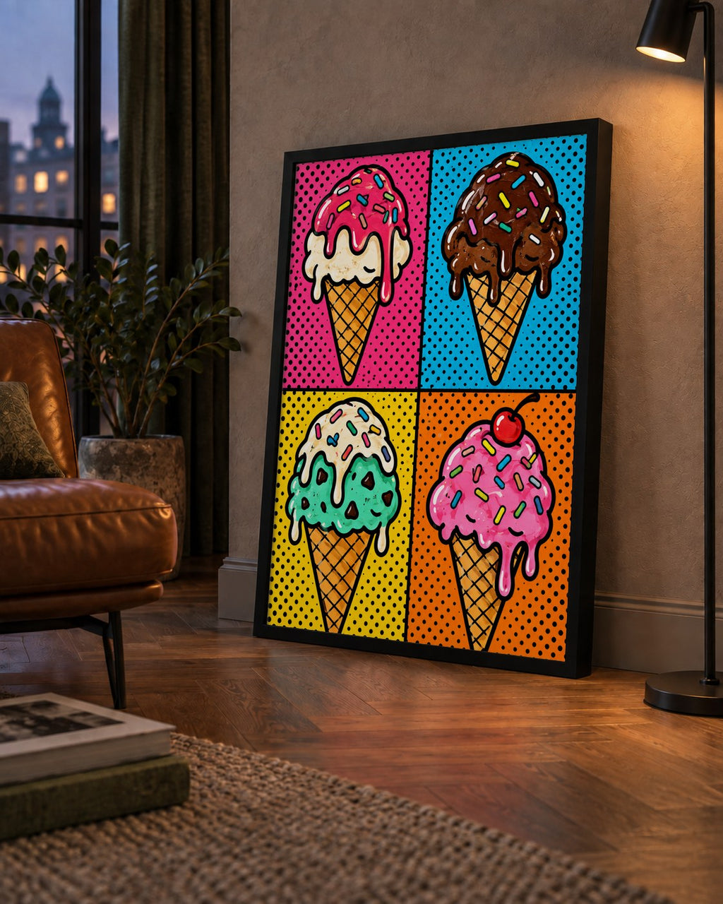 Pop Art Dondurma Külahları Poster – Renkli ve Neşeli Duvar Dekoru — çerçeveli hâliyle bir ev duvarında