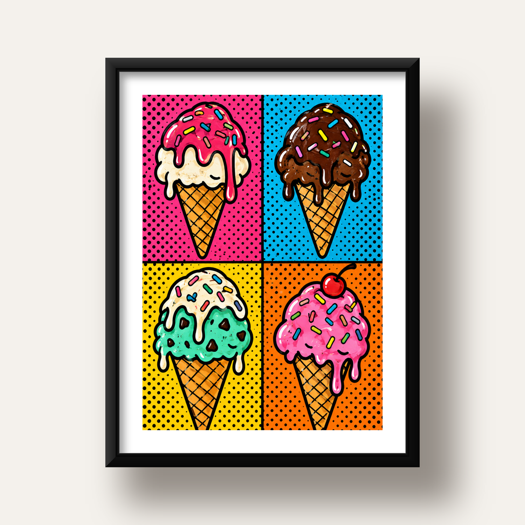 Pop Art Dondurma Külahları Poster – Renkli ve Neşeli Duvar Dekoru — siyah derin çerçeveli paspartulu