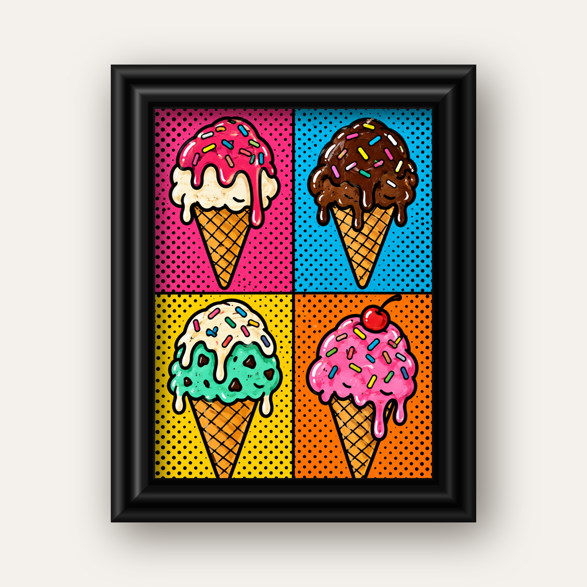 Pop Art Dondurma Külahları Poster – Renkli ve Neşeli Duvar Dekoru — siyah galeri çerçeveli