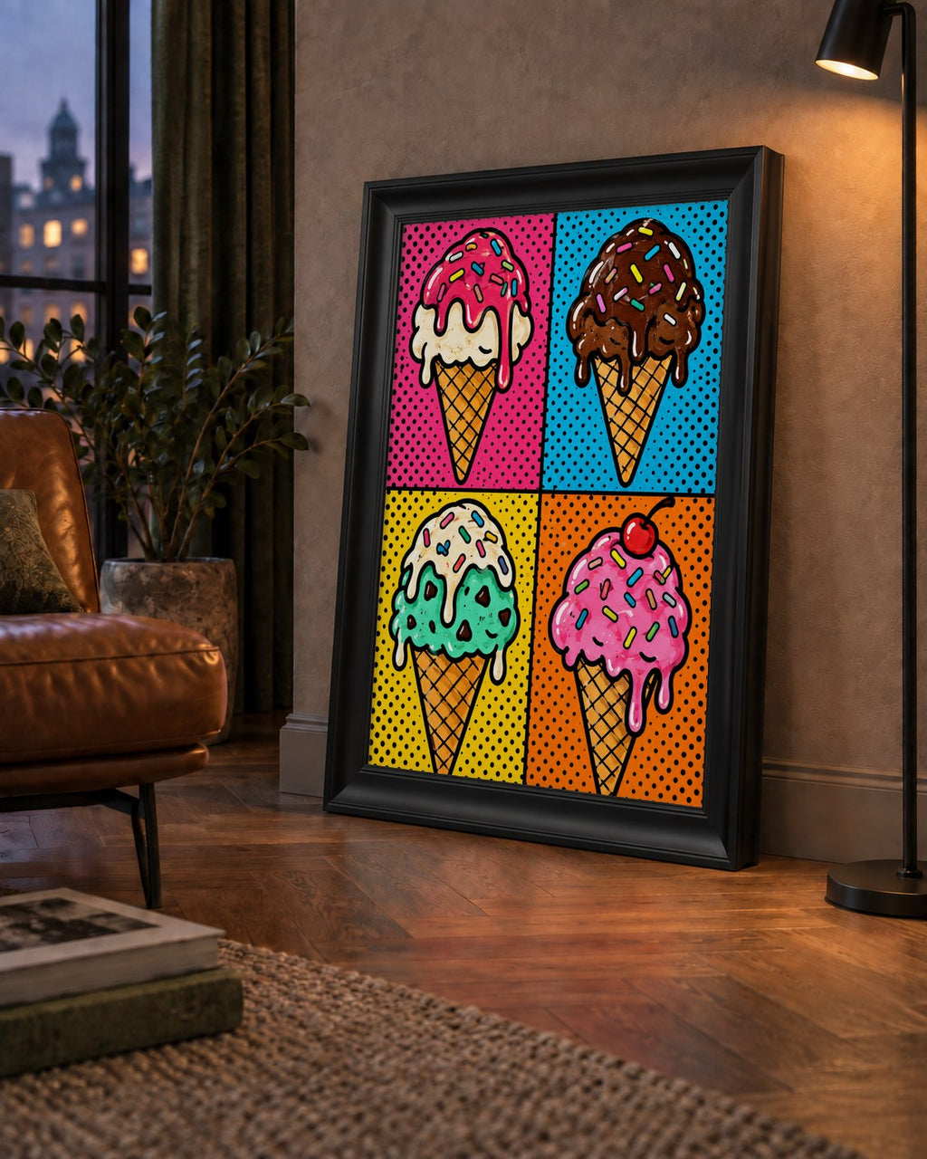Pop Art Dondurma Külahları Poster – Renkli ve Neşeli Duvar Dekoru — çerçeveli hâliyle bir ev duvarında