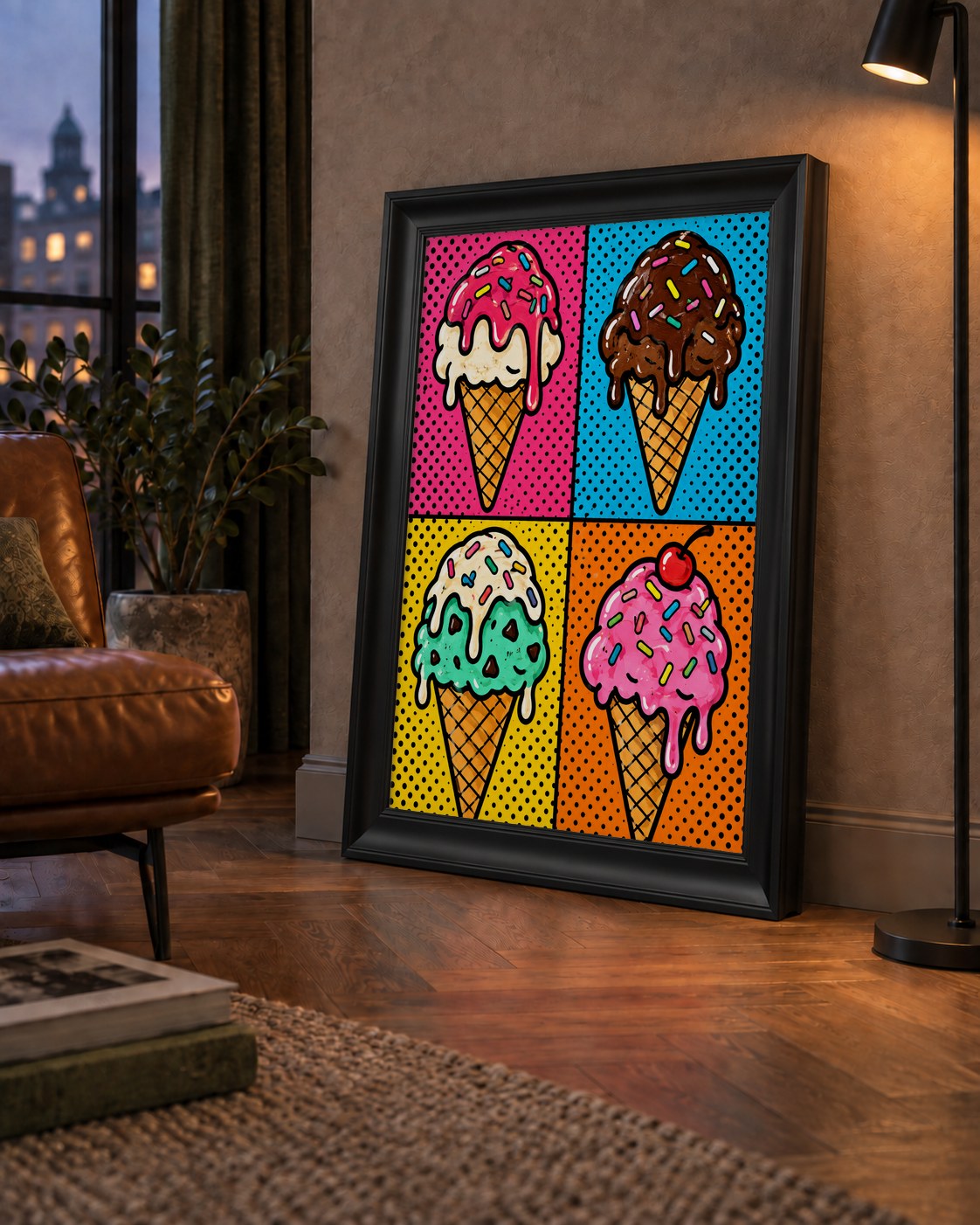 Pop Art Dondurma Külahları Poster – Renkli ve Neşeli Duvar Dekoru — çerçeveli hâliyle bir ev duvarında
