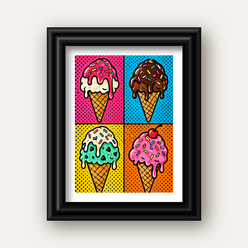 Pop Art Dondurma Külahları Poster – Renkli ve Neşeli Duvar Dekoru — siyah galeri çerçeveli paspartulu