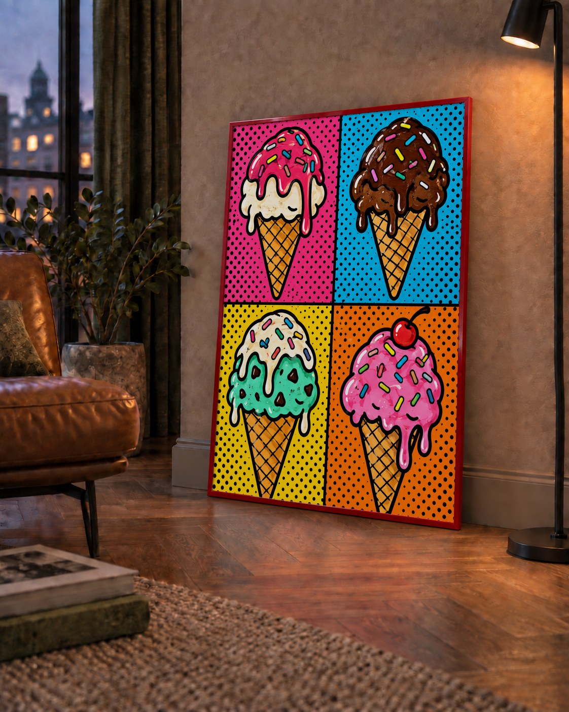 Pop Art Dondurma Külahları Poster – Renkli ve Neşeli Duvar Dekoru — çerçeveli hâliyle bir ev duvarında
