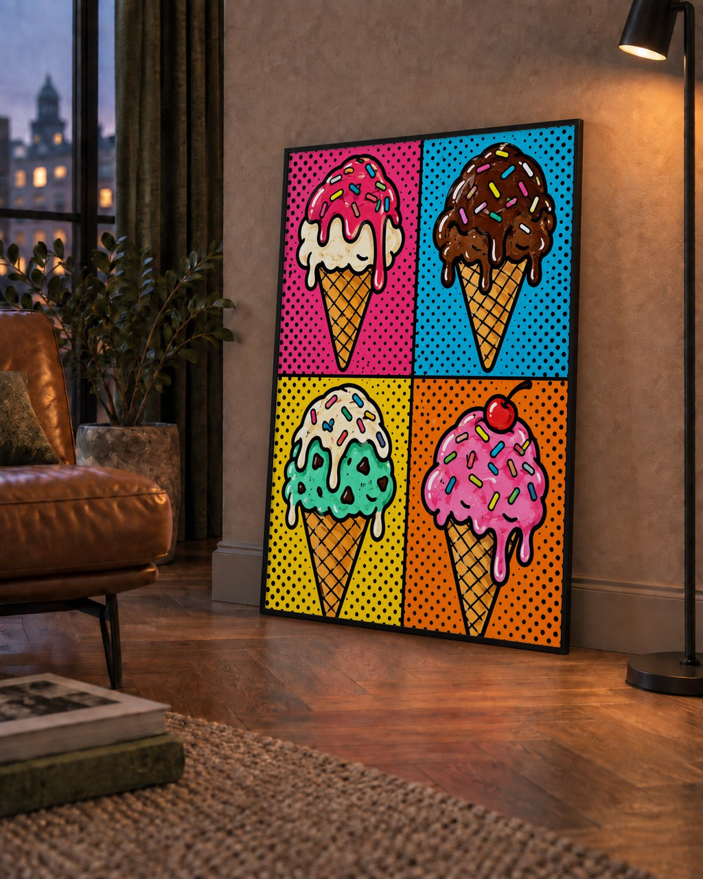 Pop Art Dondurma Külahları Poster – Renkli ve Neşeli Duvar Dekoru — çerçeveli hâliyle bir ev duvarında