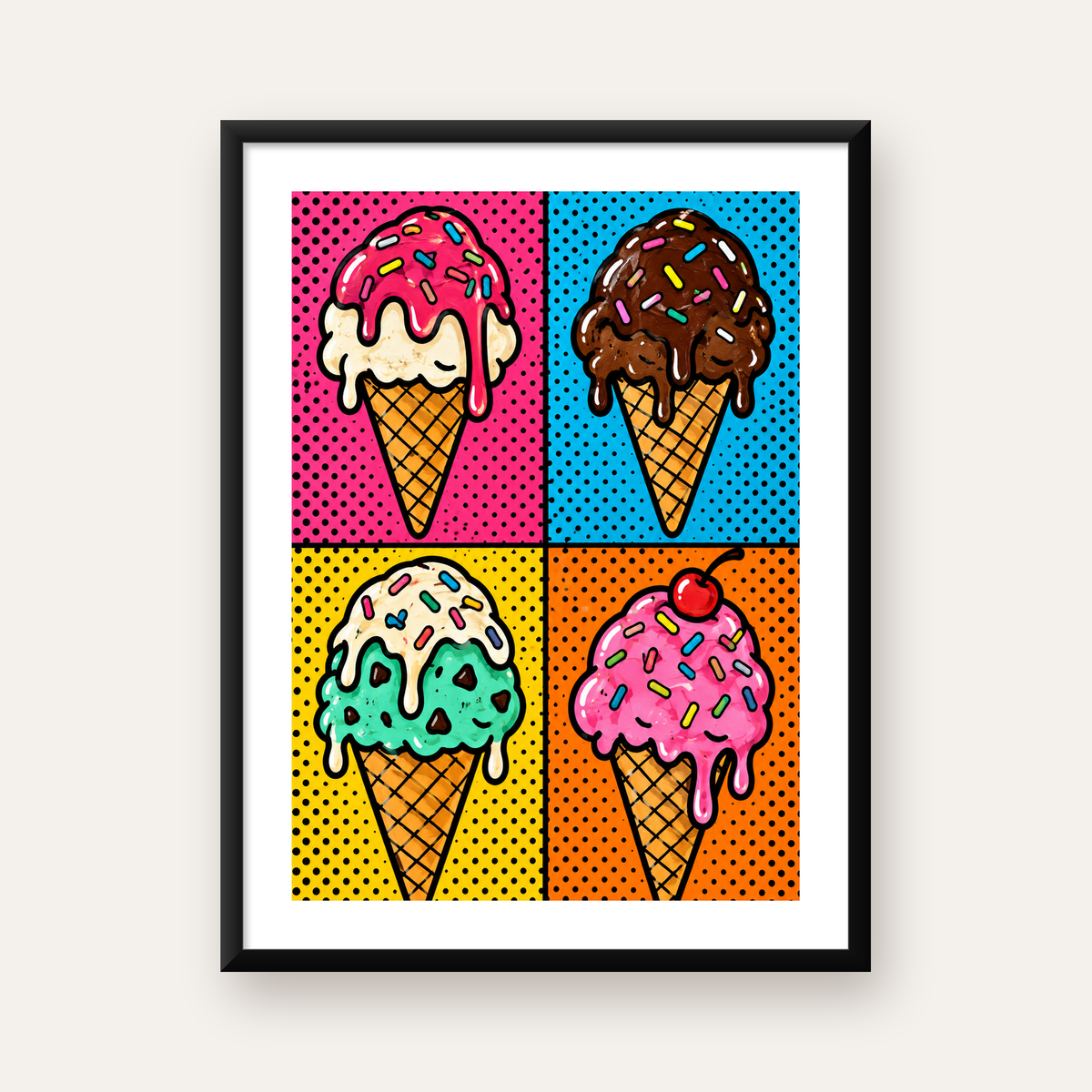 Pop Art Dondurma Külahları Poster – Renkli ve Neşeli Duvar Dekoru — Dikey baskı, beyaz paspartulu