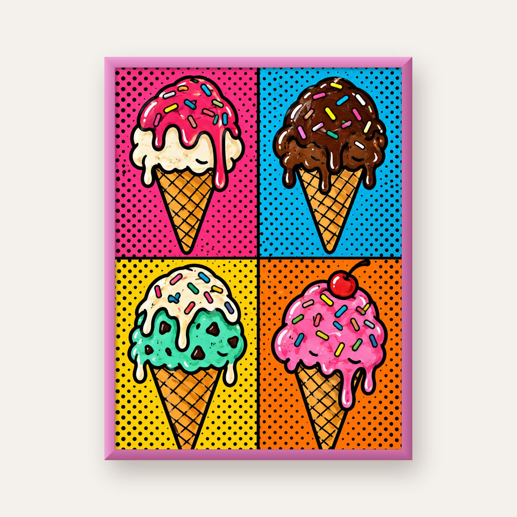 Pop Art Dondurma Külahları Poster – Renkli ve Neşeli Duvar Dekoru — pembe çerçeveli