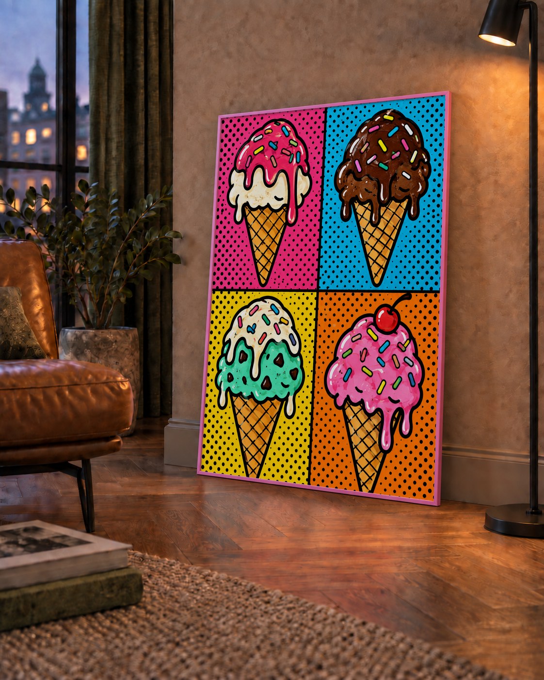 Pop Art Dondurma Külahları Poster – Renkli ve Neşeli Duvar Dekoru — çerçeveli hâliyle bir ev duvarında