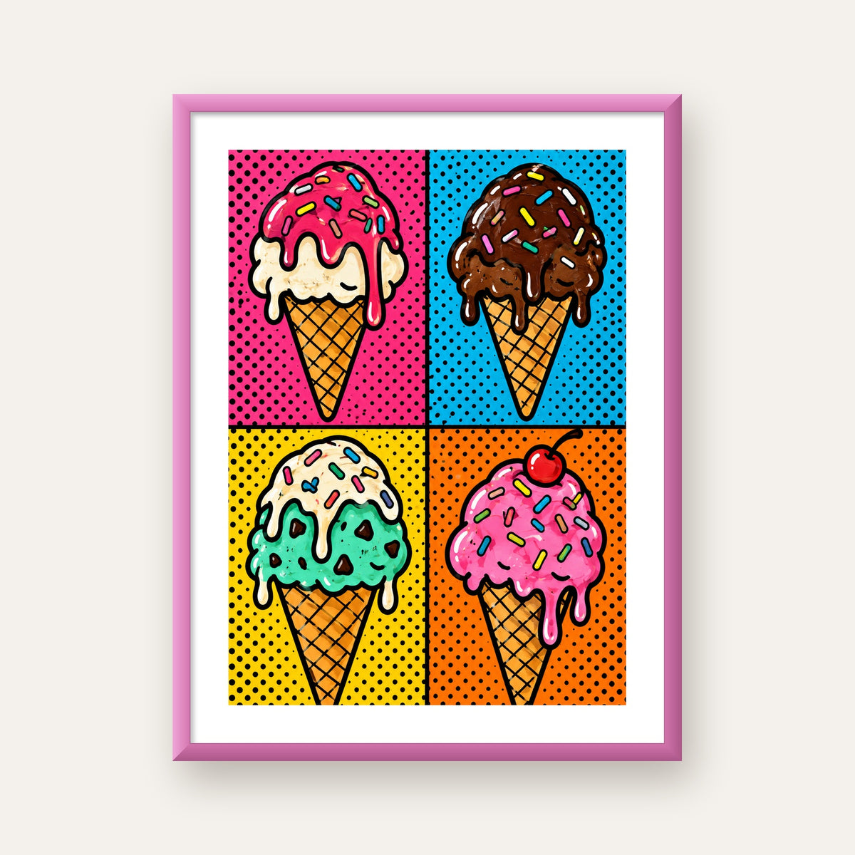 Pop Art Dondurma Külahları Poster – Renkli ve Neşeli Duvar Dekoru — pembe çerçeveli paspartulu