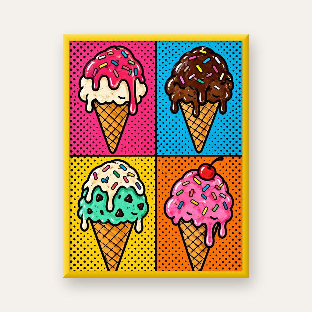 Pop Art Dondurma Külahları Poster – Renkli ve Neşeli Duvar Dekoru — sarı çerçeveli