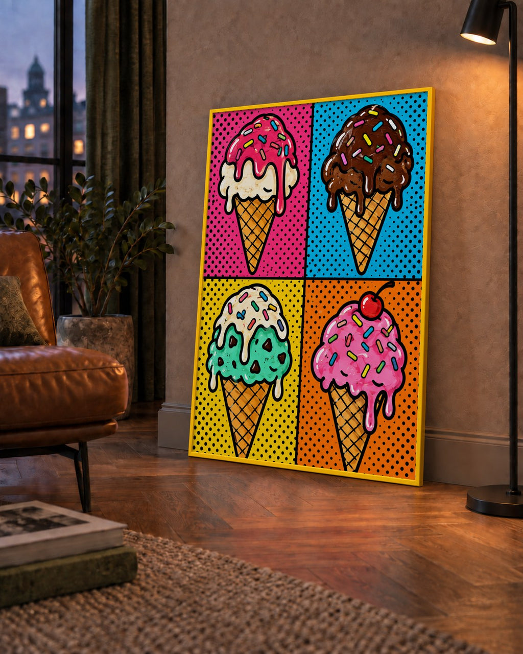 Pop Art Dondurma Külahları Poster – Renkli ve Neşeli Duvar Dekoru — çerçeveli hâliyle bir ev duvarında