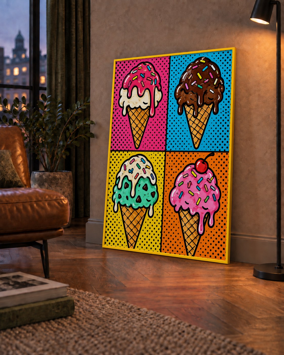 Pop Art Dondurma Külahları Poster – Renkli ve Neşeli Duvar Dekoru — çerçeveli hâliyle bir ev duvarında
