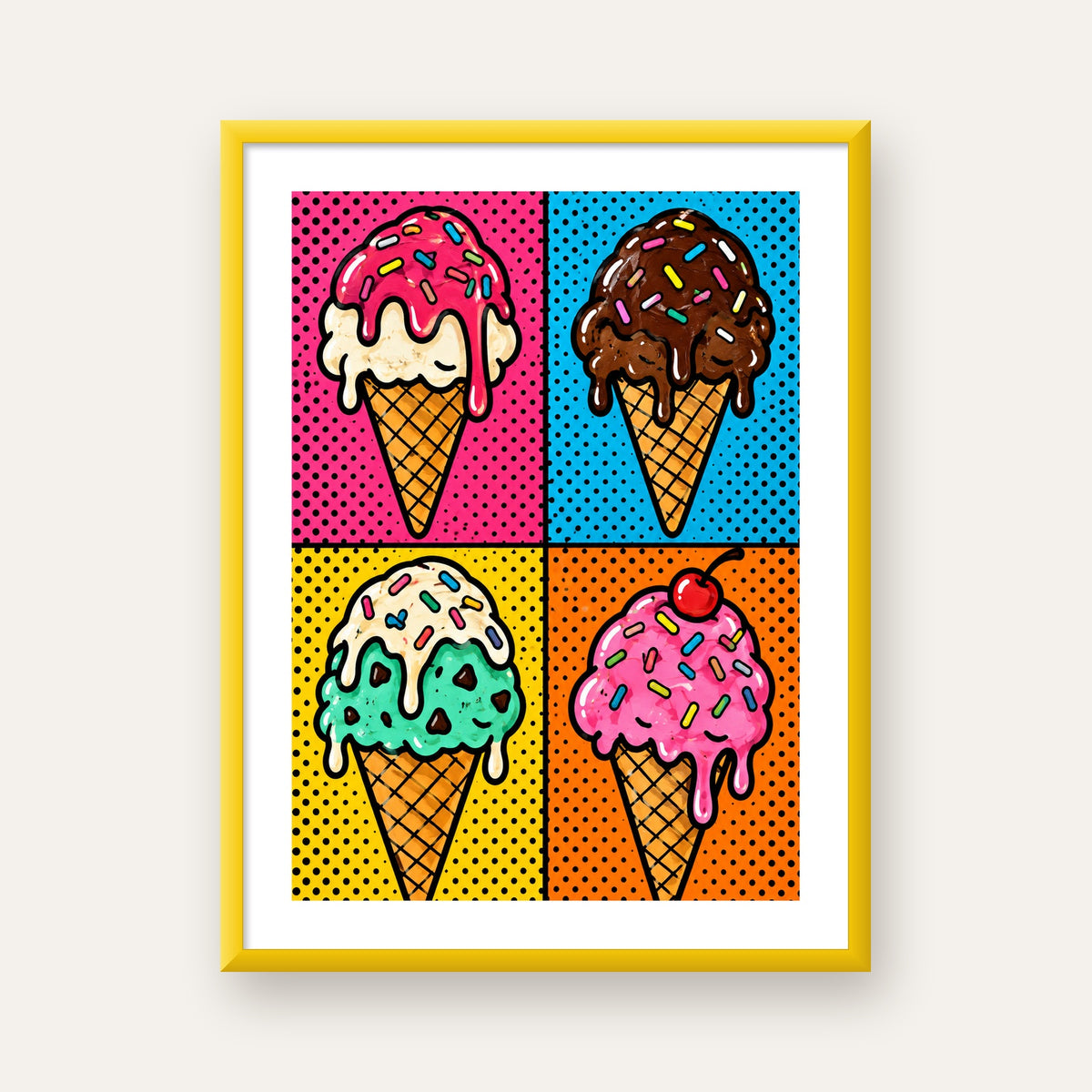 Pop Art Dondurma Külahları Poster – Renkli ve Neşeli Duvar Dekoru — sarı çerçeveli paspartulu
