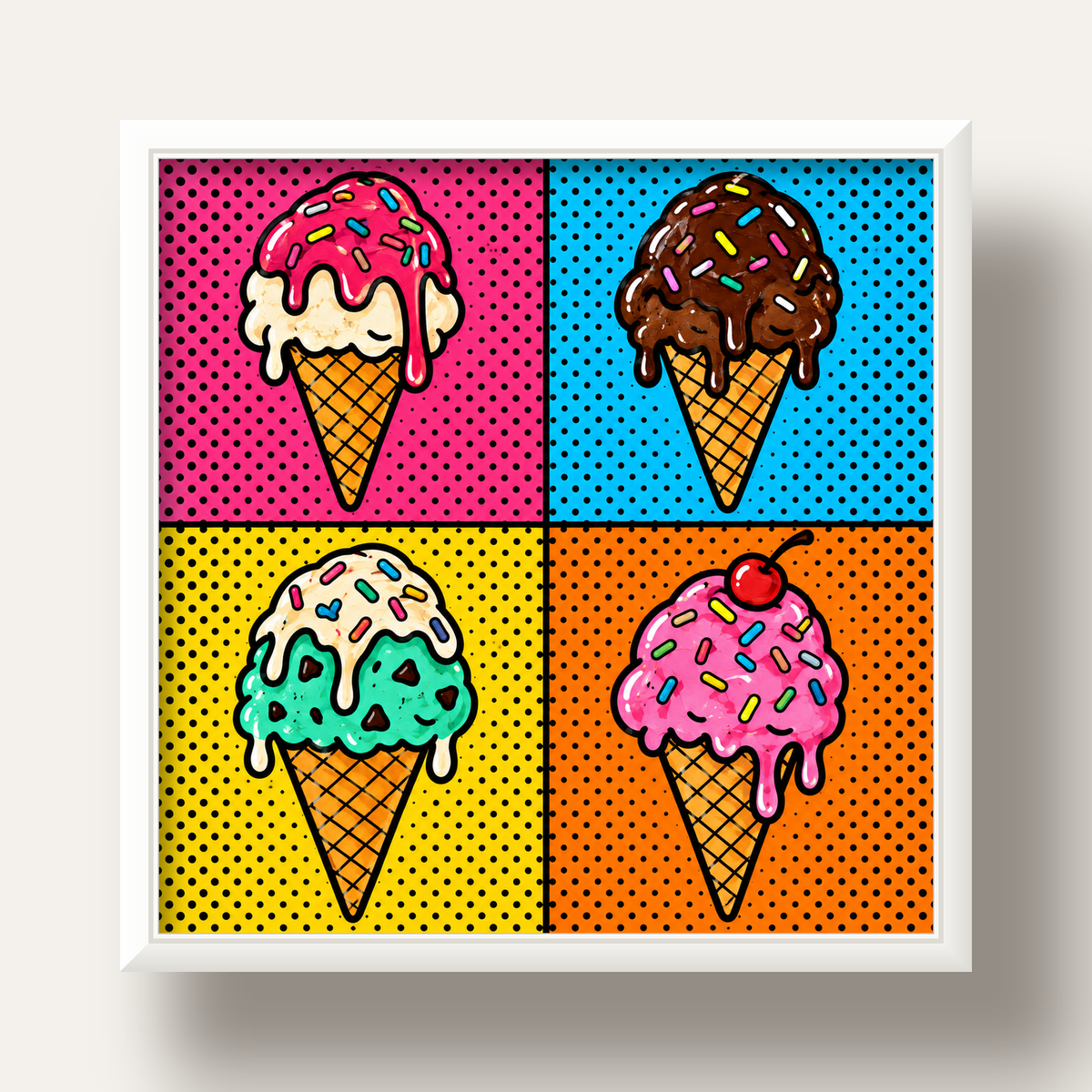 Pop Art Dondurma Külahları Poster – Renkli ve Neşeli Duvar Dekoru — beyaz derin çerçeveli