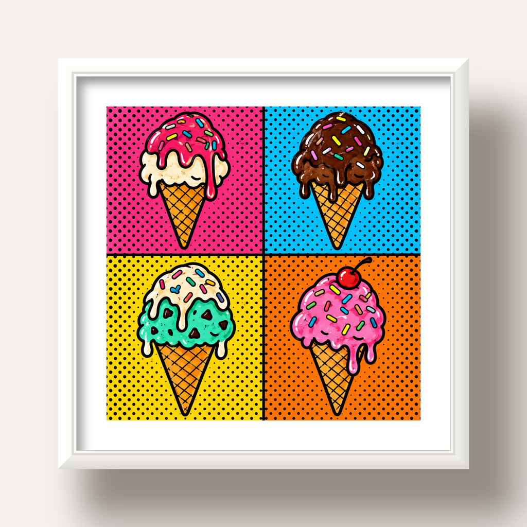 Pop Art Dondurma Külahları Poster – Renkli ve Neşeli Duvar Dekoru — beyaz derin çerçeveli paspartulu
