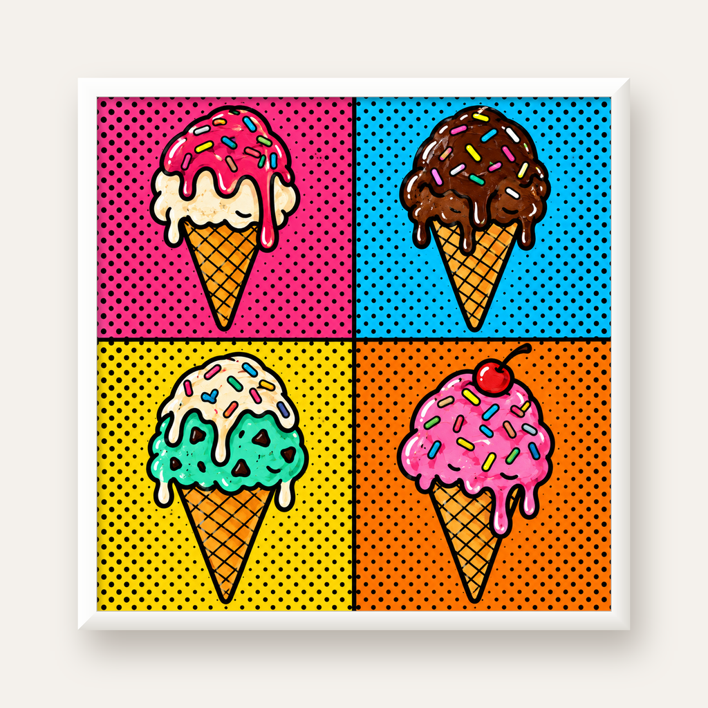 Pop Art Dondurma Külahları Poster – Renkli ve Neşeli Duvar Dekoru — beyaz çerçeveli kare poster