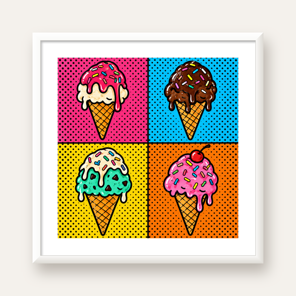 Pop Art Dondurma Külahları Poster – Renkli ve Neşeli Duvar Dekoru — beyaz çerçeveli kare poster