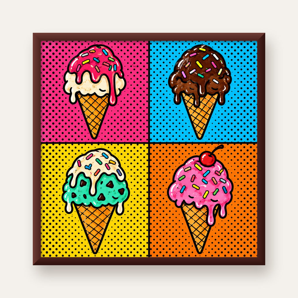 Pop Art Dondurma Külahları Poster – Renkli ve Neşeli Duvar Dekoru — ceviz çerçeveli