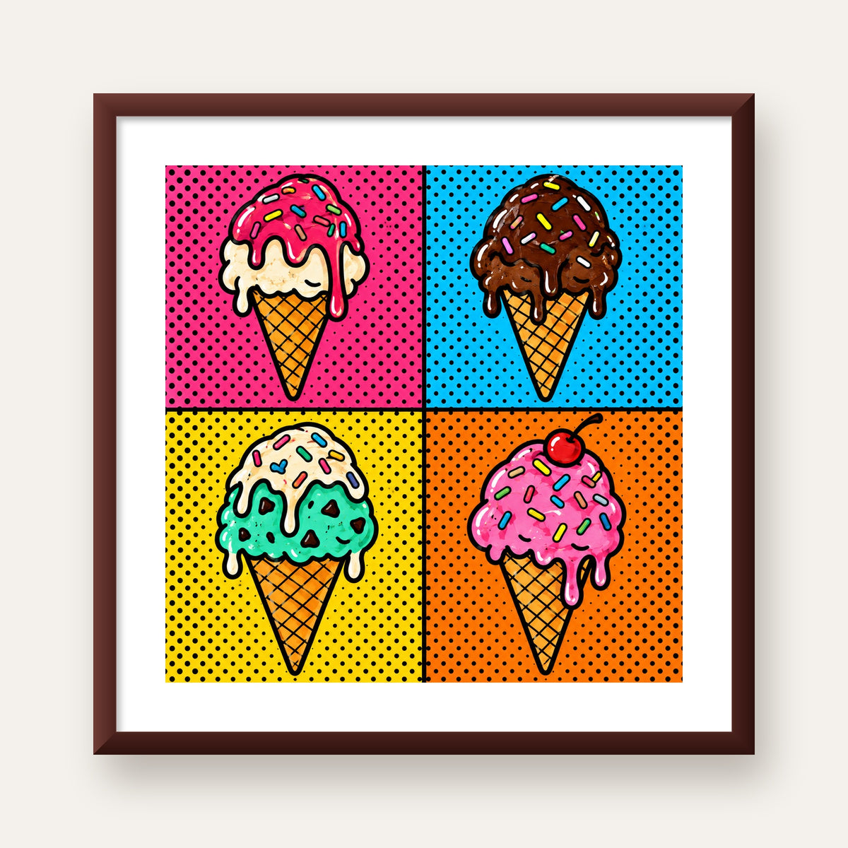 Pop Art Dondurma Külahları Poster – Renkli ve Neşeli Duvar Dekoru — ceviz çerçeveli paspartulu