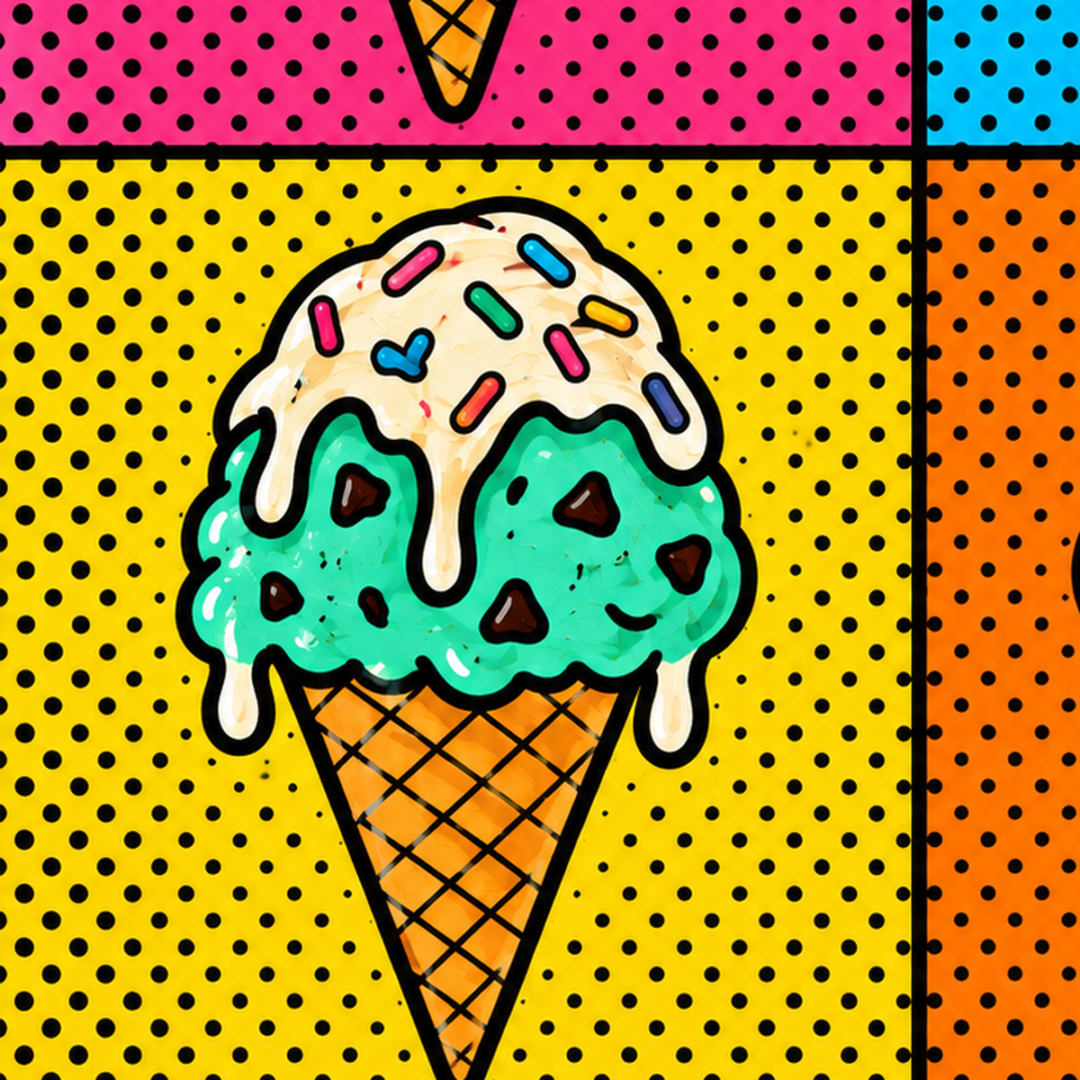 Pop Art Dondurma Külahları Poster – Renkli ve Neşeli Duvar Dekoru — baskının yakın çekimi, kâğıt dokusu ve renk detayı