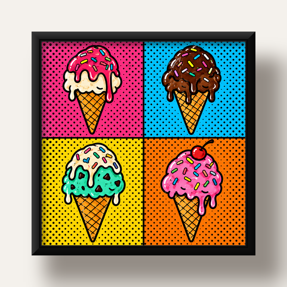 Pop Art Dondurma Külahları Poster – Renkli ve Neşeli Duvar Dekoru — siyah derin çerçeveli