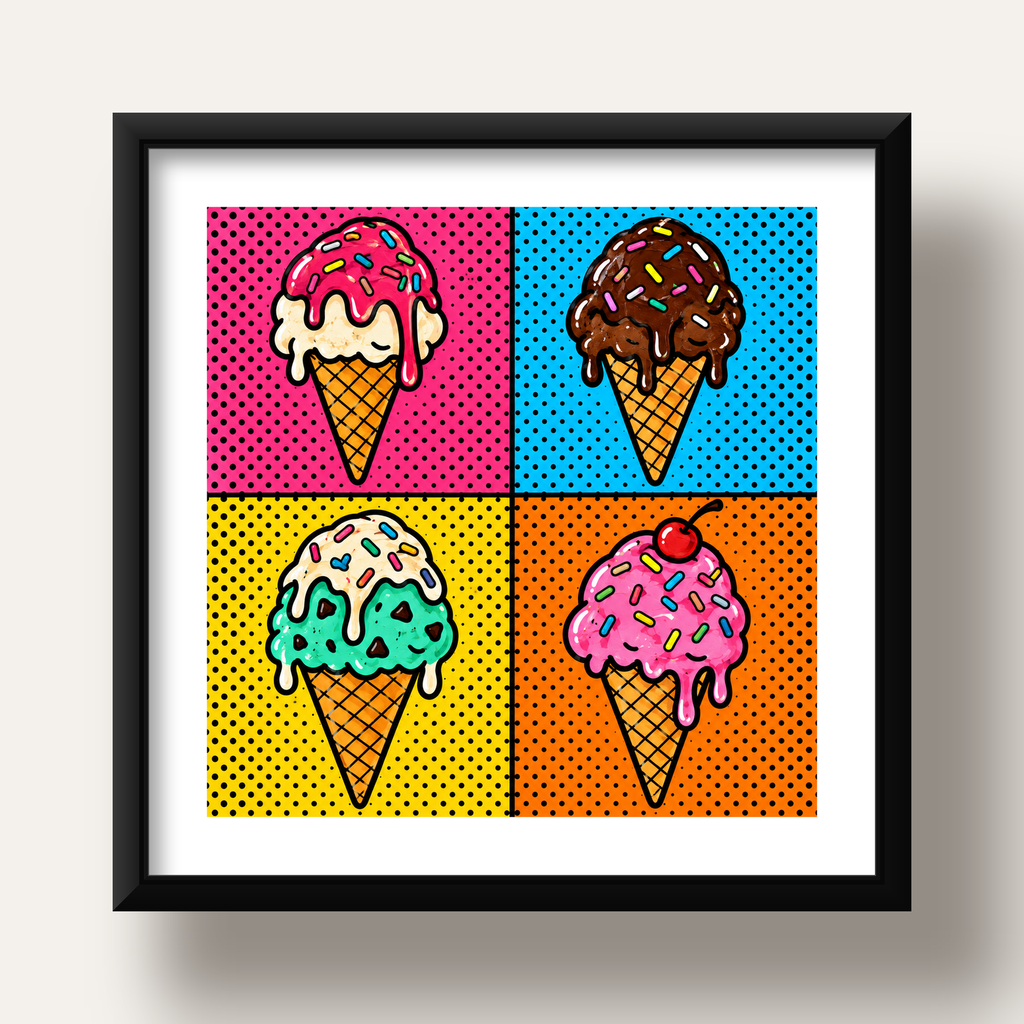 Pop Art Dondurma Külahları Poster – Renkli ve Neşeli Duvar Dekoru — siyah derin çerçeveli paspartulu