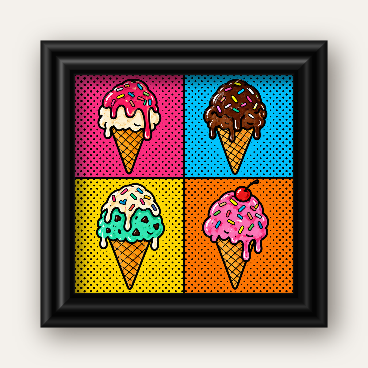 Pop Art Dondurma Külahları Poster – Renkli ve Neşeli Duvar Dekoru — siyah galeri çerçeveli