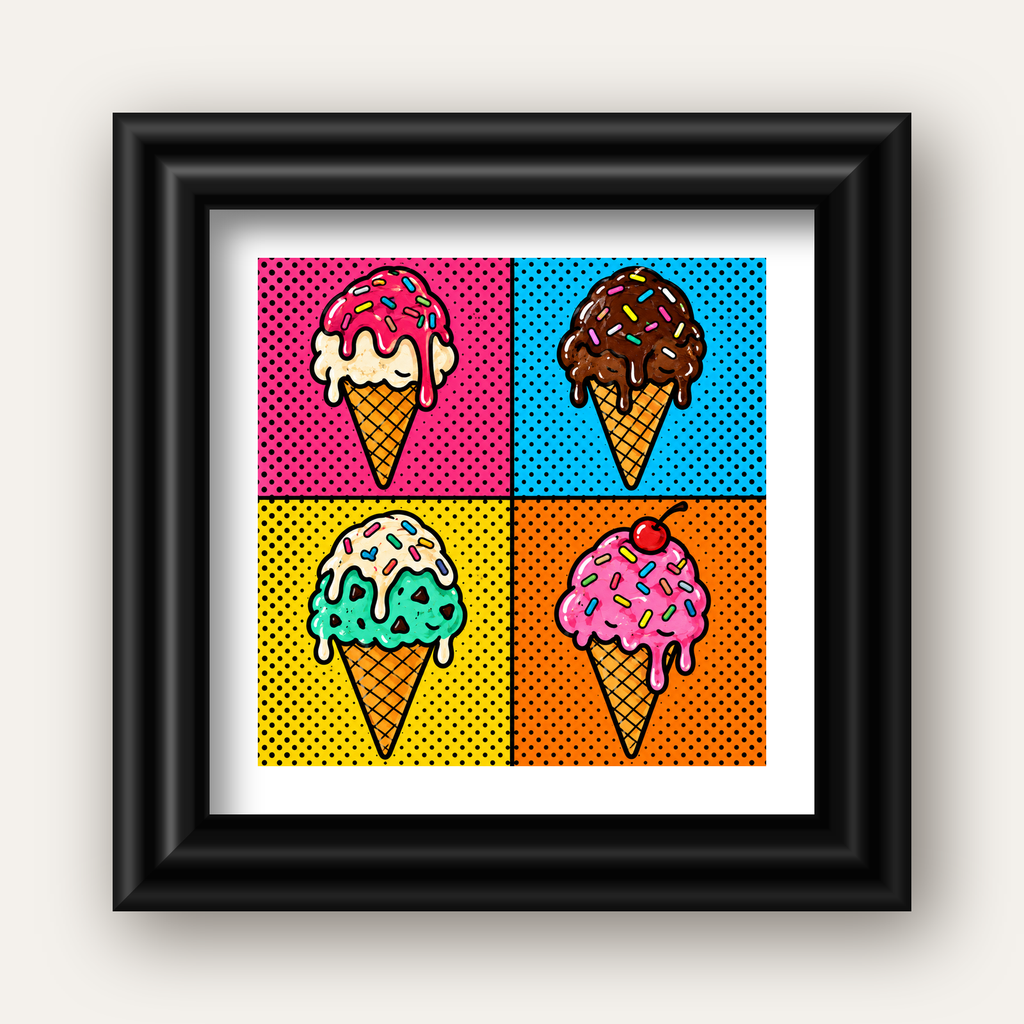 Pop Art Dondurma Külahları Poster – Renkli ve Neşeli Duvar Dekoru — siyah galeri çerçeveli paspartulu