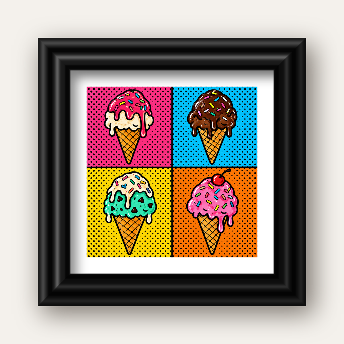 Pop Art Dondurma Külahları Poster – Renkli ve Neşeli Duvar Dekoru — siyah galeri çerçeveli paspartulu