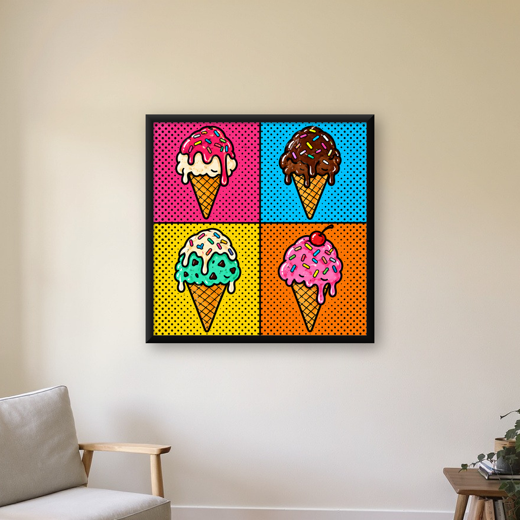 Pop Art Dondurma Külahları Poster – Renkli ve Neşeli Duvar Dekoru — Kare baskı, çerçeveli hâliyle bir ev duvarında