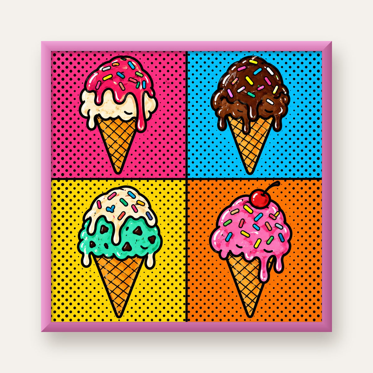 Pop Art Dondurma Külahları Poster – Renkli ve Neşeli Duvar Dekoru — pembe çerçeveli