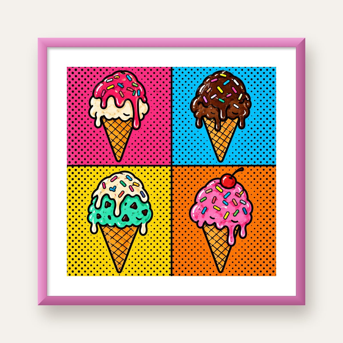 Pop Art Dondurma Külahları Poster – Renkli ve Neşeli Duvar Dekoru — pembe çerçeveli paspartulu