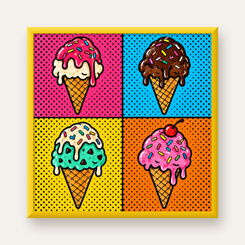 Pop Art Dondurma Külahları Poster – Renkli ve Neşeli Duvar Dekoru — sarı çerçeveli