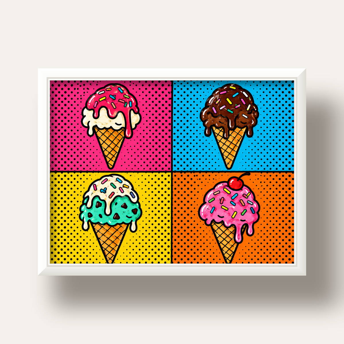 Pop Art Dondurma Külahları Poster – Renkli ve Neşeli Duvar Dekoru — beyaz derin çerçeveli