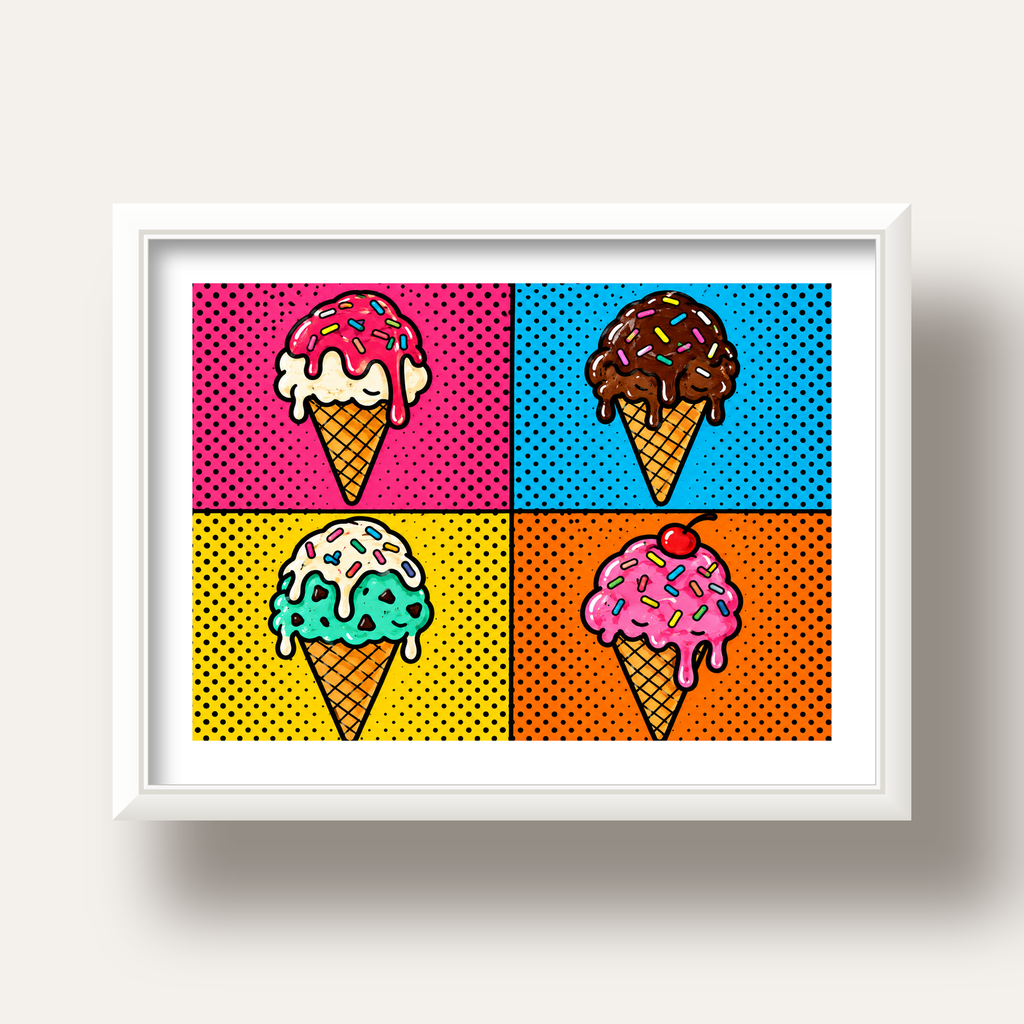 Pop Art Dondurma Külahları Poster – Renkli ve Neşeli Duvar Dekoru — beyaz derin çerçeveli paspartulu
