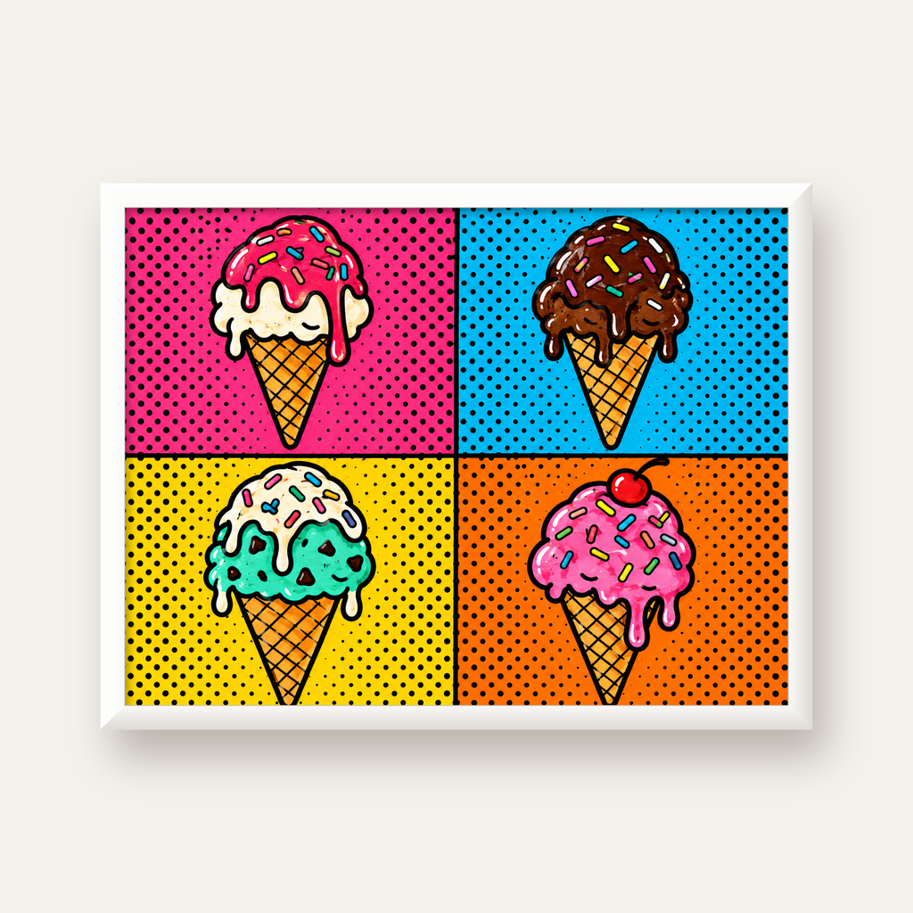 Pop Art Dondurma Külahları Poster – Renkli ve Neşeli Duvar Dekoru — beyaz çerçeveli yatay poster