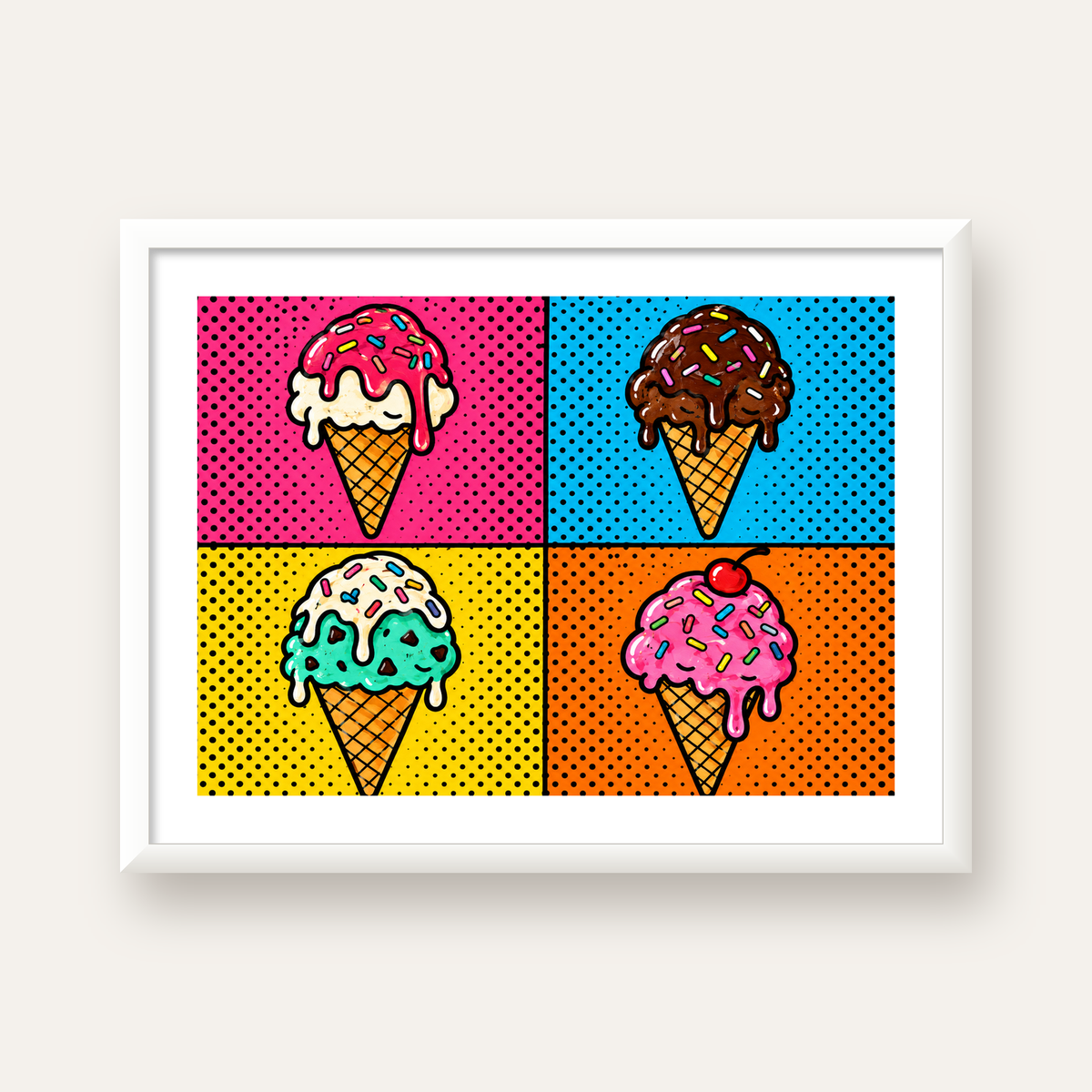 Pop Art Dondurma Külahları Poster – Renkli ve Neşeli Duvar Dekoru — beyaz çerçeveli yatay poster