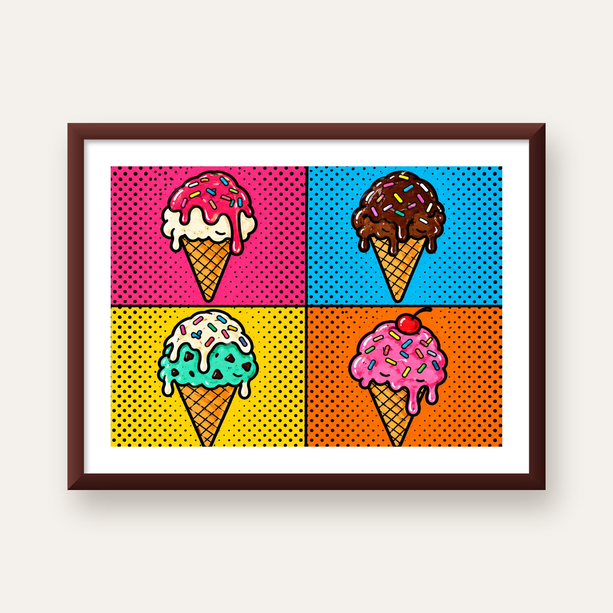 Pop Art Dondurma Külahları Poster – Renkli ve Neşeli Duvar Dekoru — ceviz çerçeveli paspartulu