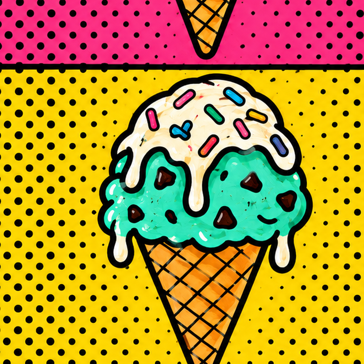 Pop Art Dondurma Külahları Poster – Renkli ve Neşeli Duvar Dekoru — baskının yakın çekimi, kâğıt dokusu ve renk detayı