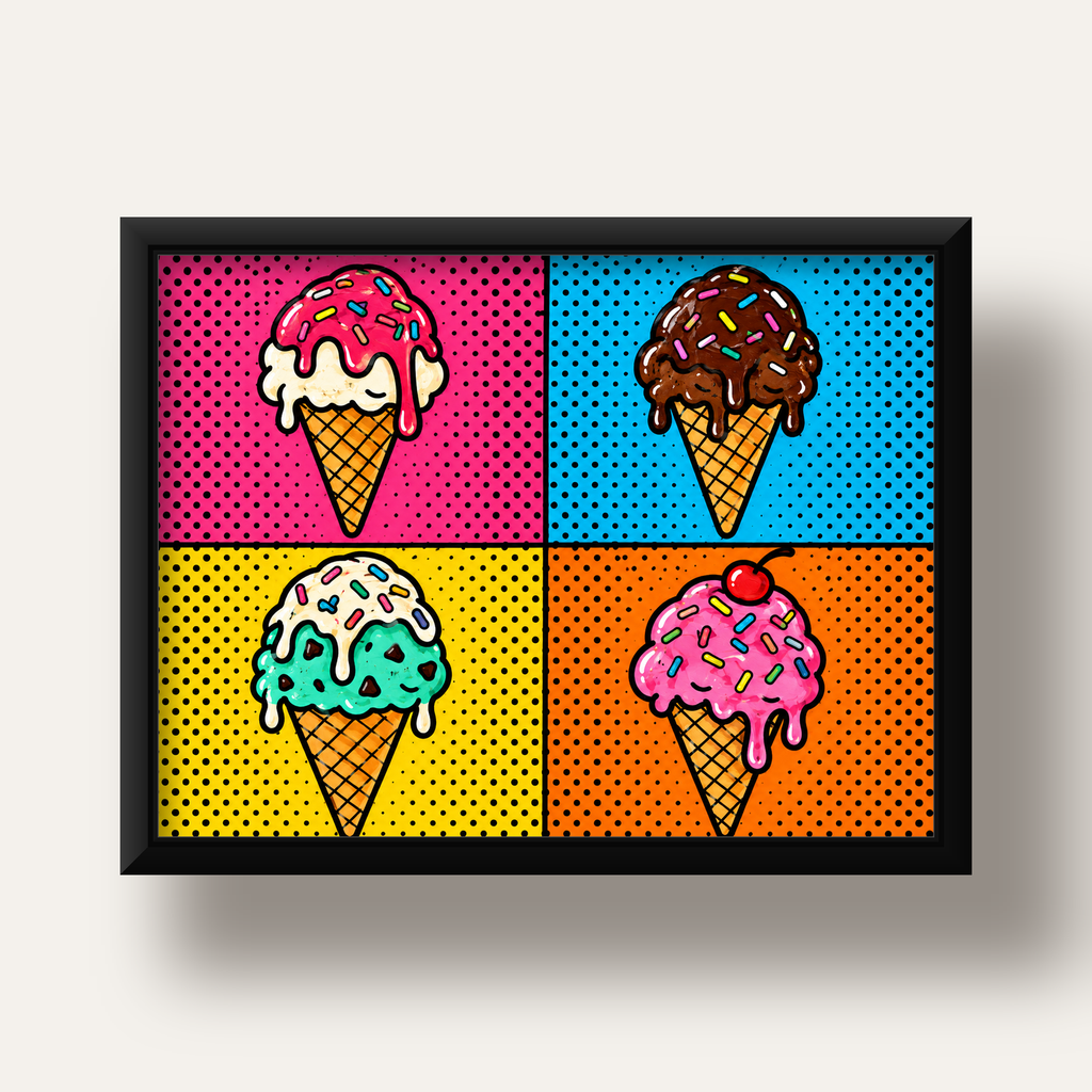 Pop Art Dondurma Külahları Poster – Renkli ve Neşeli Duvar Dekoru — siyah derin çerçeveli