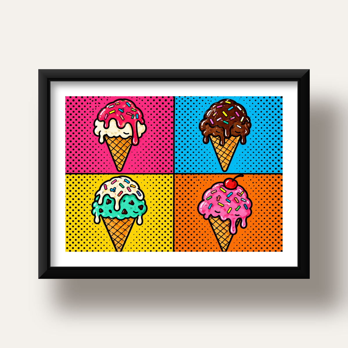 Pop Art Dondurma Külahları Poster – Renkli ve Neşeli Duvar Dekoru — siyah derin çerçeveli paspartulu