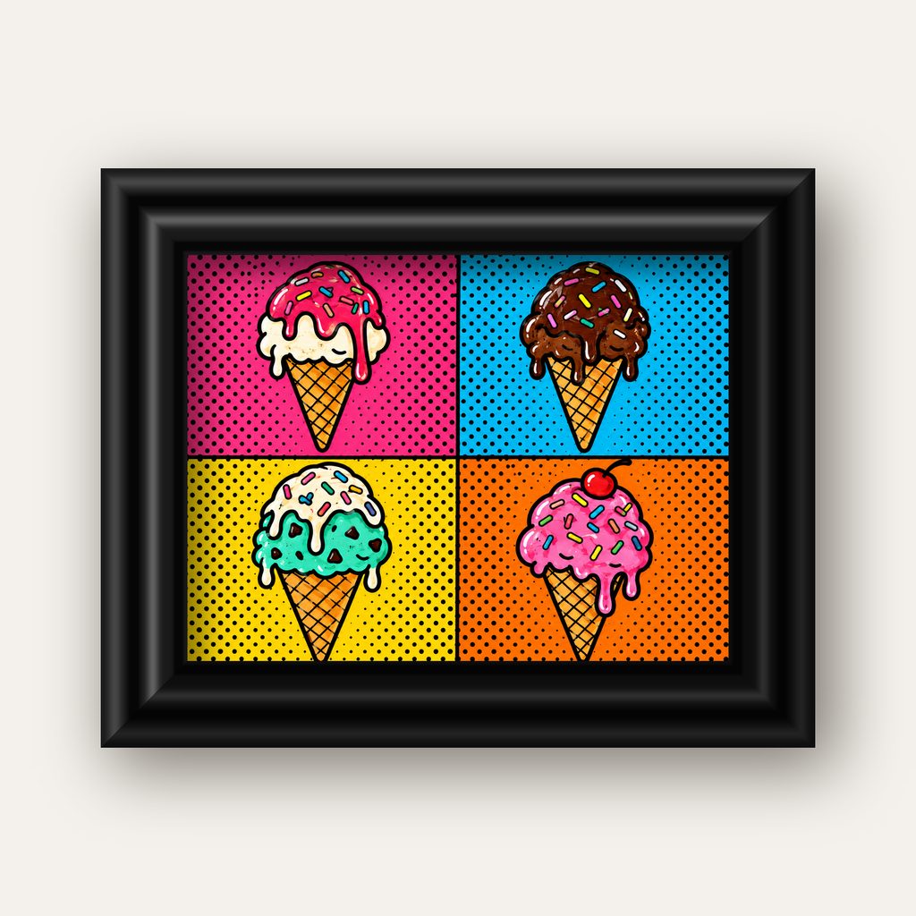 Pop Art Dondurma Külahları Poster – Renkli ve Neşeli Duvar Dekoru — siyah galeri çerçeveli