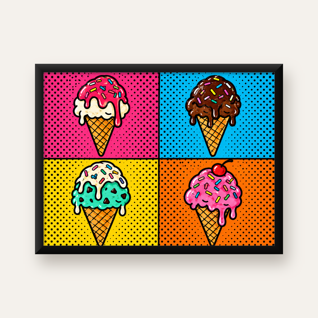Pop Art Dondurma Külahları Poster – Renkli ve Neşeli Duvar Dekoru — Yatay baskı, düz siyah çerçeveli duvar posteri