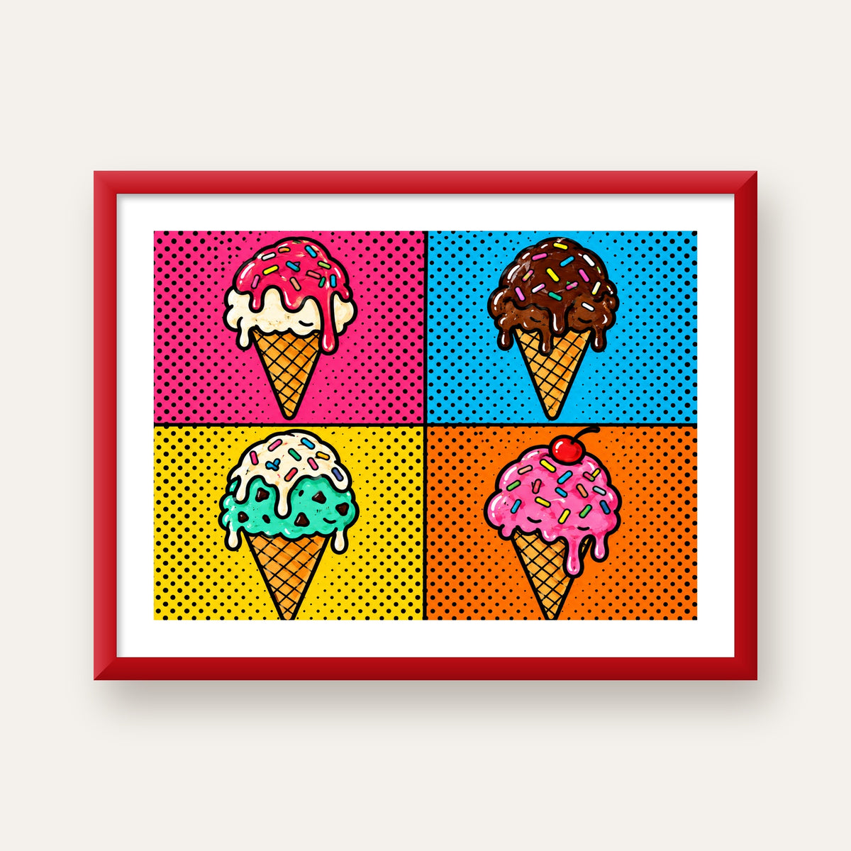 Pop Art Dondurma Külahları Poster – Renkli ve Neşeli Duvar Dekoru — kırmızı çerçeveli paspartulu