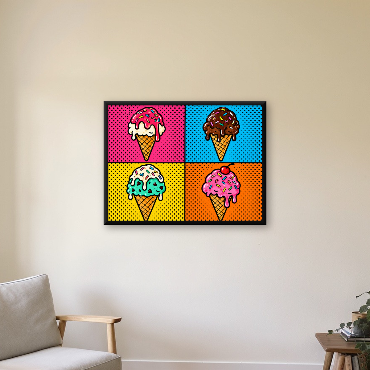 Pop Art Dondurma Külahları Poster – Renkli ve Neşeli Duvar Dekoru — Yatay baskı, çerçeveli hâliyle bir ev duvarında