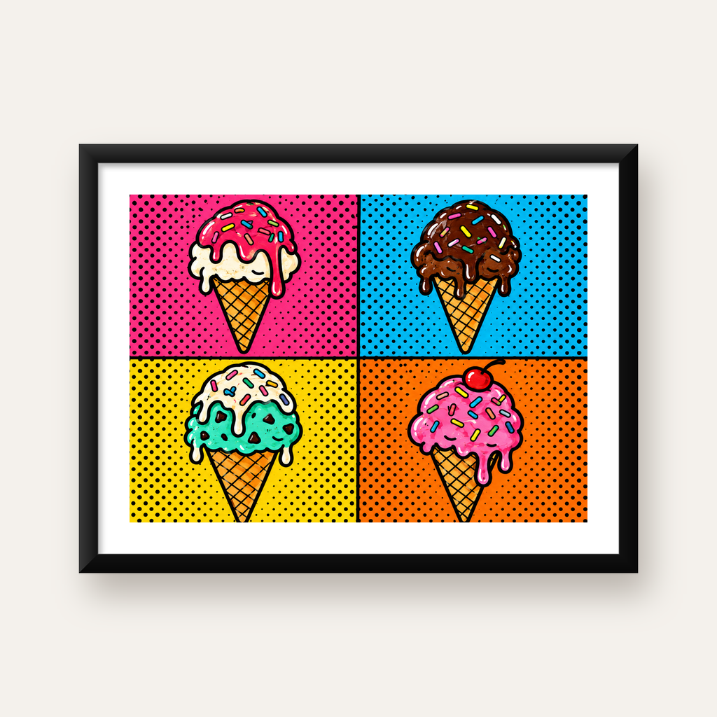 Pop Art Dondurma Külahları Poster – Renkli ve Neşeli Duvar Dekoru — Yatay baskı, beyaz paspartulu