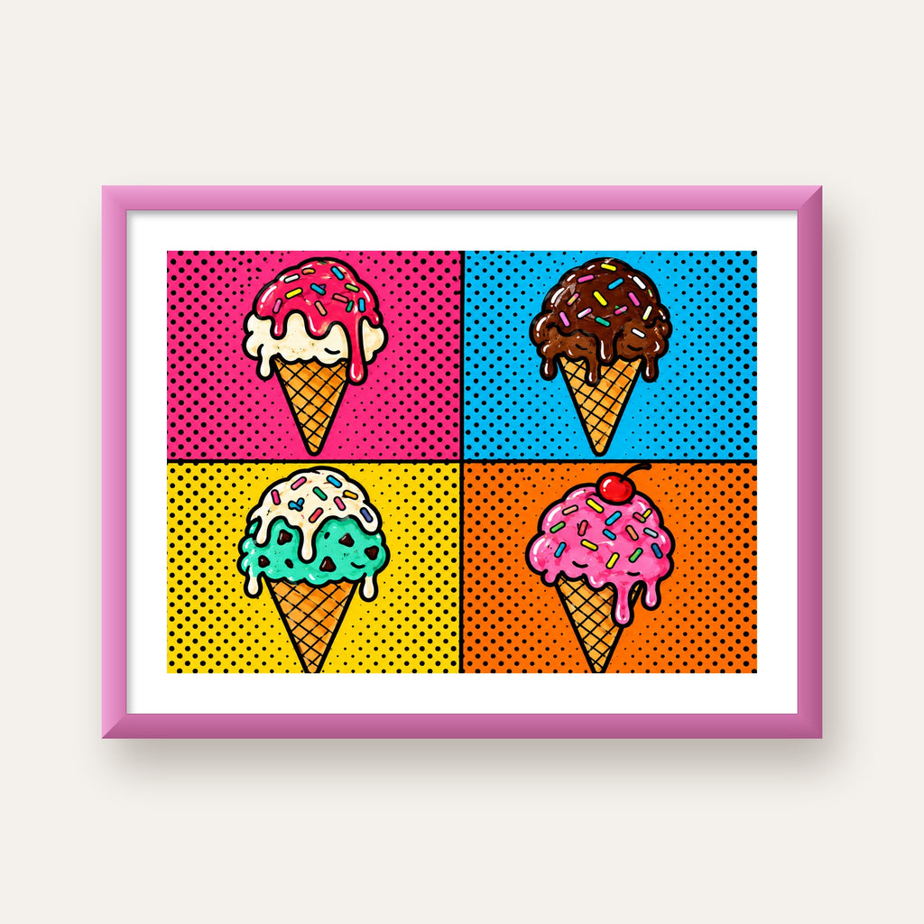 Pop Art Dondurma Külahları Poster – Renkli ve Neşeli Duvar Dekoru — pembe çerçeveli paspartulu