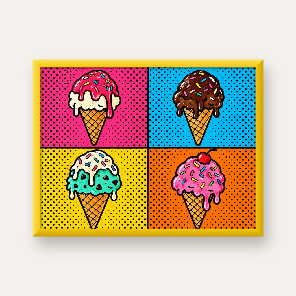 Pop Art Dondurma Külahları Poster – Renkli ve Neşeli Duvar Dekoru — sarı çerçeveli