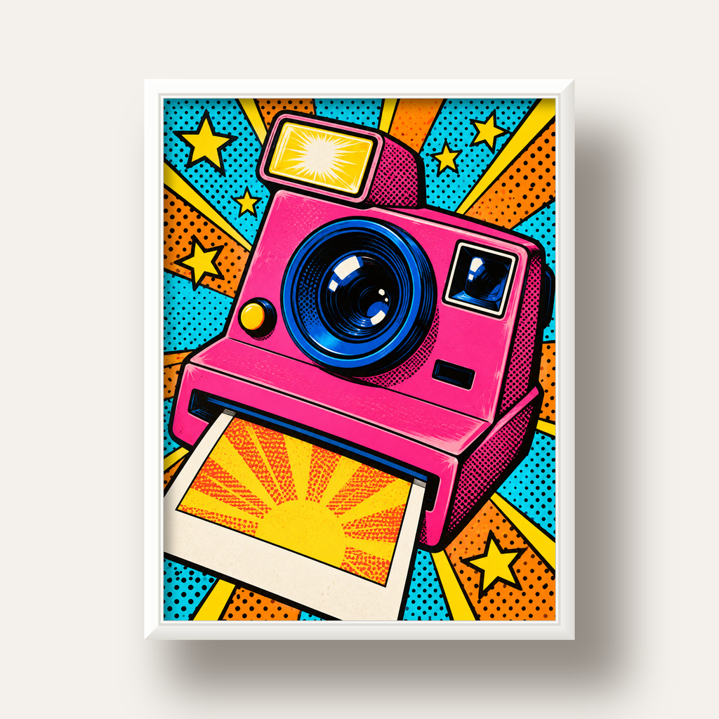 Pop Art Polaroid Kamera Poster – Canlı ve Renkli Duvar Dekoru — beyaz derin çerçeveli